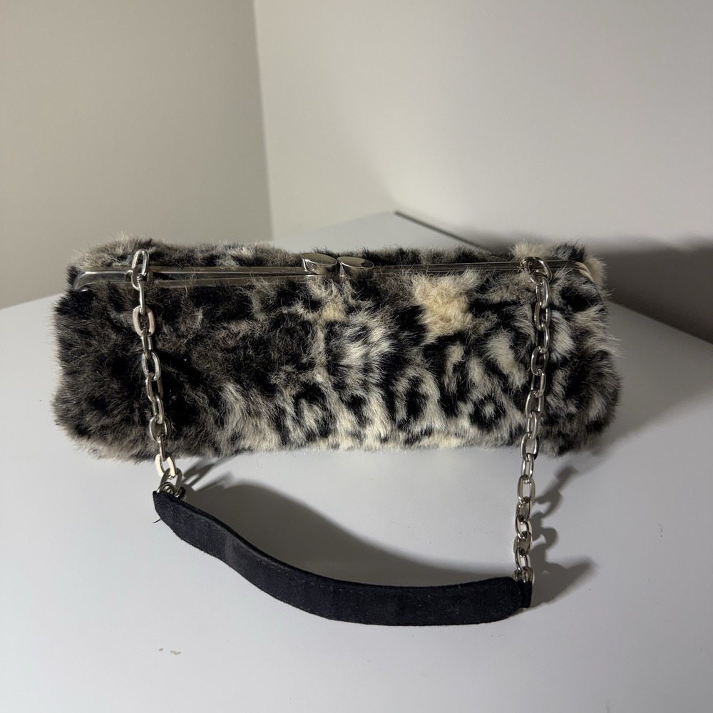 Chinese Laundry Faux-Fur Leopard Print Kiss Lick Evening Bag Chain Strap Y2K